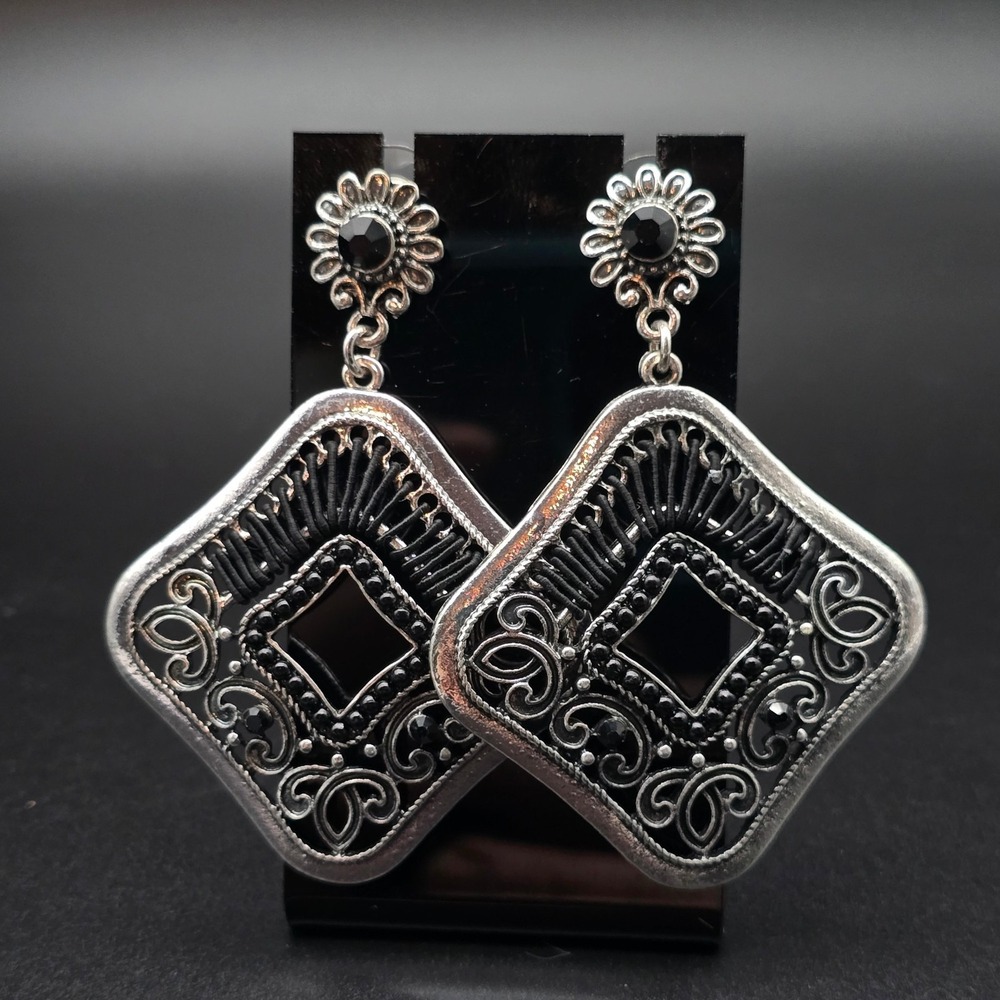 Silver Tone Black Dangle Earrings Rhinestone Filigree Ornate Pierced